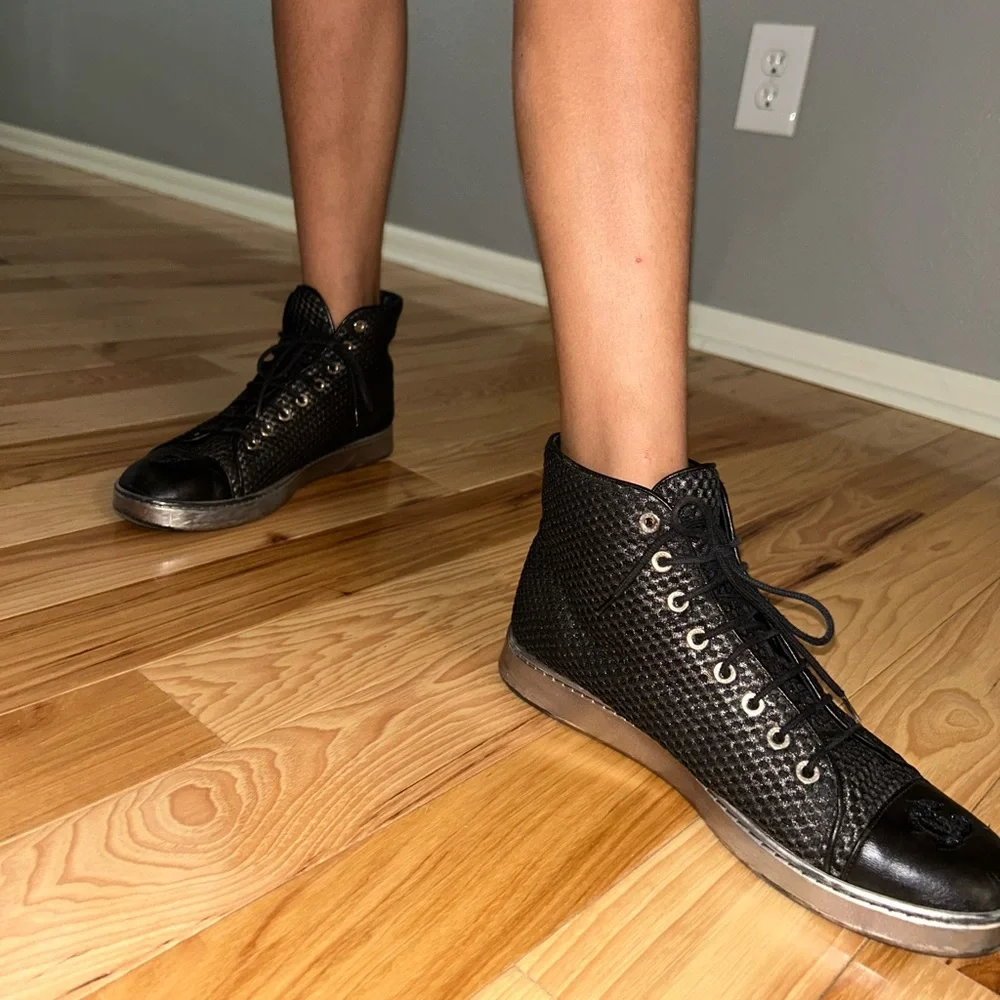 CHANEL Black Woven High-Top Sneakers with Metallic Sole